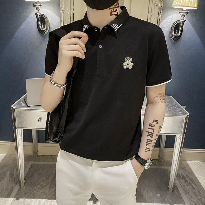 8237835트렌드 남성복 터틀넥 골프티 테니스티셔츠 남성 슬림핏 카라 반팔 티셔츠 여름