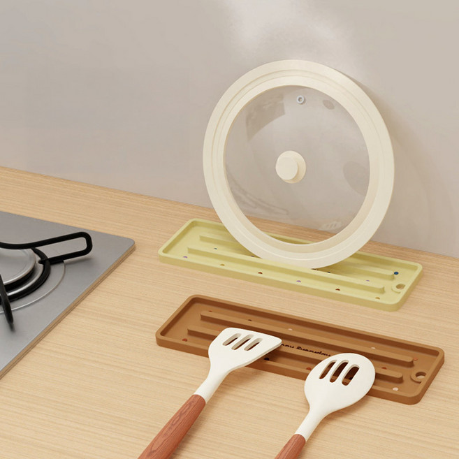 더홈 다용도 실리콘 냄비뚜껑 국자받침 물받이 트레이 거치대 2종세트, 2개, 베이지