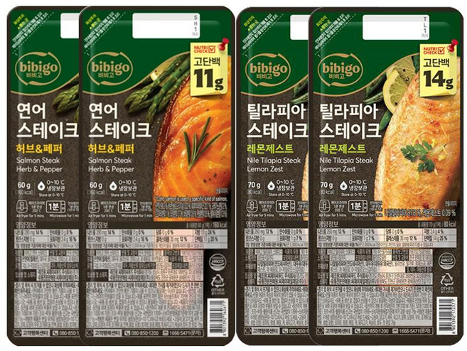 CJ 비비고 연어 스테이크 60g X 2개 + 틸라피아 스테이크 70g X 2개, 1세트, 260g
