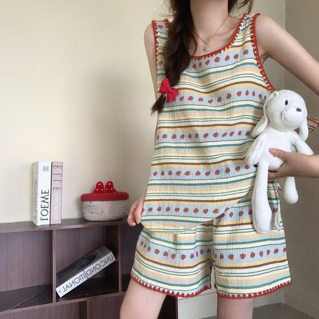 여성 여름 얇은 가벼운 홈웨어 민소매 루즈핏 스트라이프 원피스/투피스 잠옷