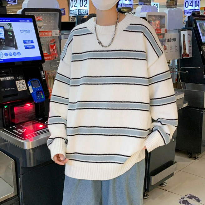 秋冬條紋圓領毛衣男 針織衫