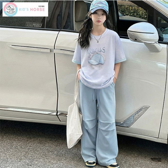 키즈목마 여아용 여름 반팔 티셔츠 세트 초등학생 주니어 아동 상하복 캐주얼 팬츠 889