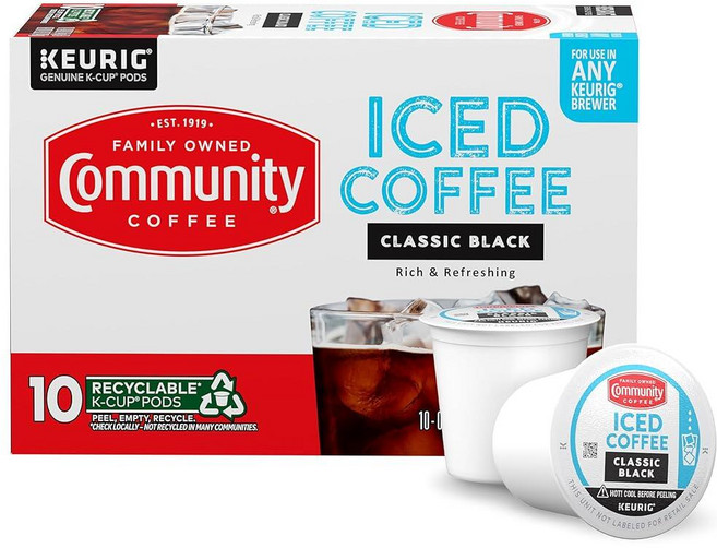 Community Coffee 클래식 블랙 큐리그 아이스 커피 포드 10개 다크 로스트 모든 K-Cup 브루어와 호환 10개(1팩), 10 Count (Pack of 1), Classic Black, 1