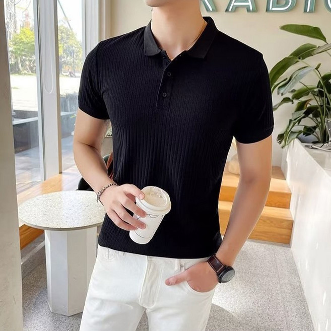 남자 반팔니트 골지카라티 스판원단 슬림 머슬핏