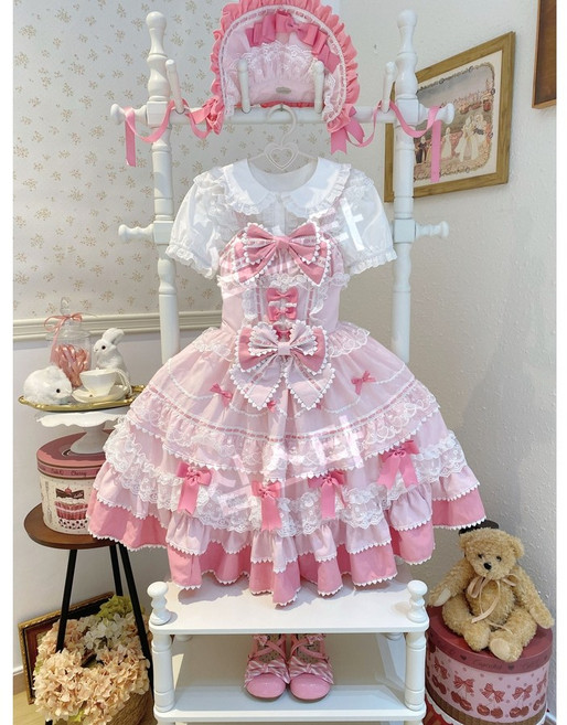 여름 데일리 귀여운 풍성 로리타 일본 드레스 원피스 공주풍 레이스 코스프레 코스튬 빅사이즈 졸업사진, 핑크원피스단품+모자