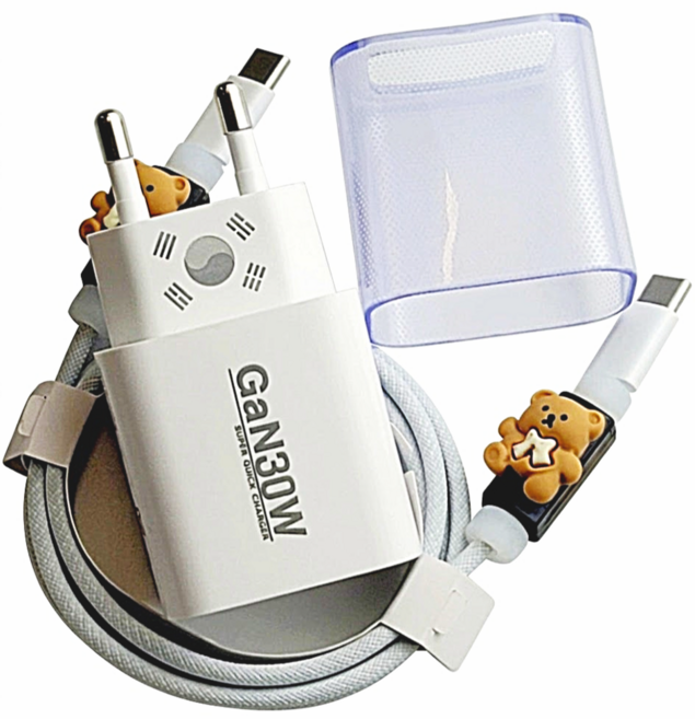 초고속 멀티 충전기 국산 아이홈 Gan65W 30W 20W C타입 2포트 PD PPS 60W블레이디드충전케이블 난연PVC커버 단선방지탭포함, 1세트, 화이트 30W 태극기에디션