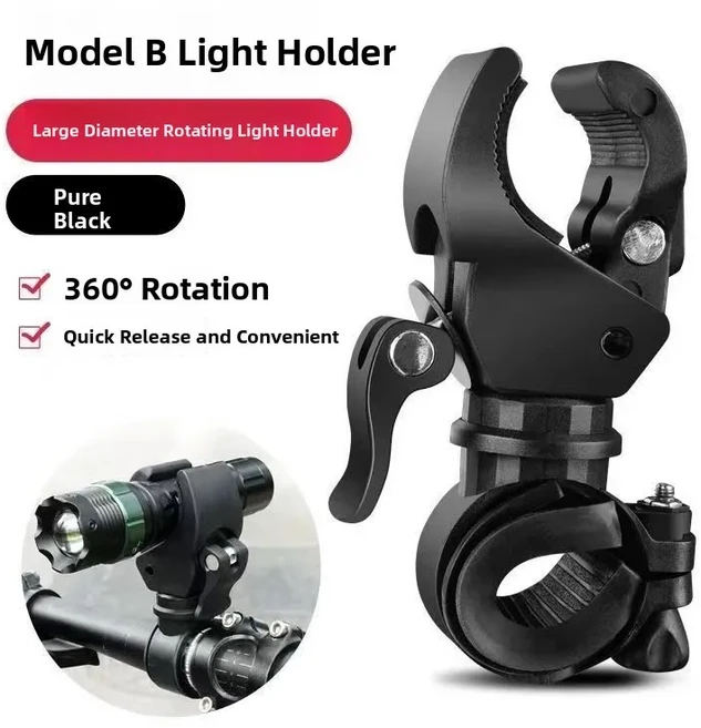 호환 고정 자전거 전조등 마운트 도로 자전거 산악 자전거 스포트라이트 퀵 릴리스 야간 라이딩 라이트 홀, 02 B형 클립 라이트 스탠드-블랙