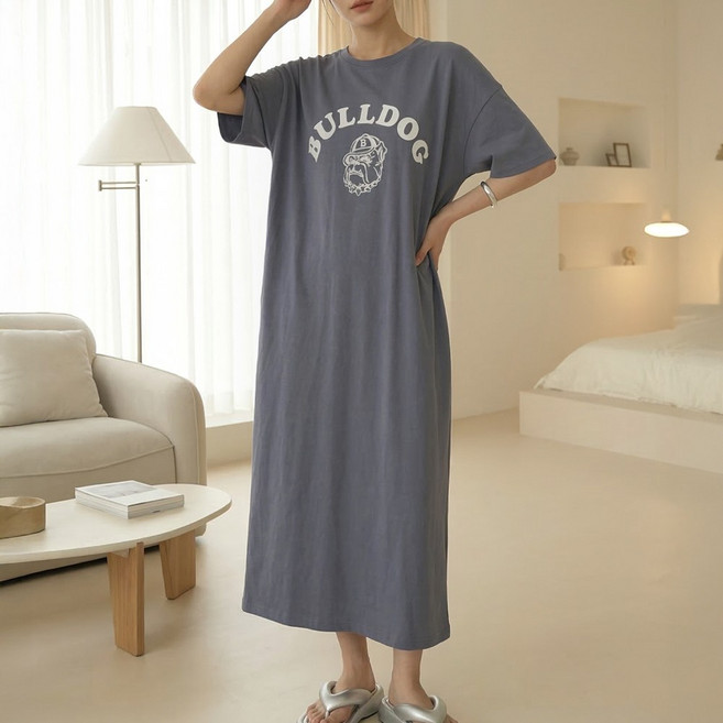 데일리앤 도그 반팔 롱 원피스 면 빅사이즈 프린팅 여성 여름 루즈핏 데일리