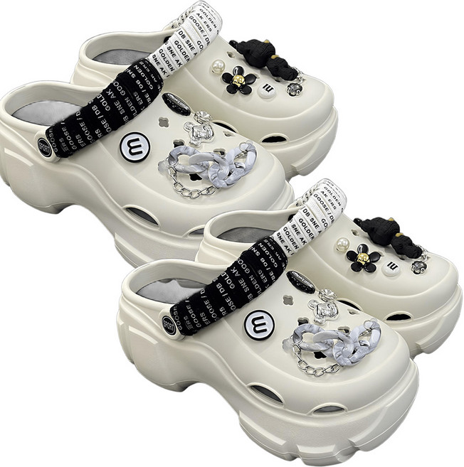 [1+1] 로로비 여성 통굽 7CM 키높이 샌들 슬리퍼 회사 사무용 여행용 파츠 장식