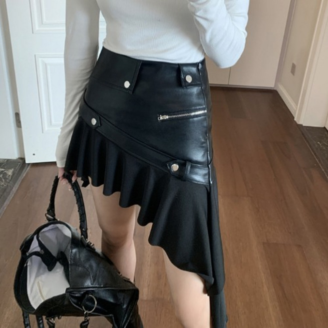 히또리 레더 유니크 언발 프릴 속바지 옆지퍼 짧은 치마 미니스커트 P0493