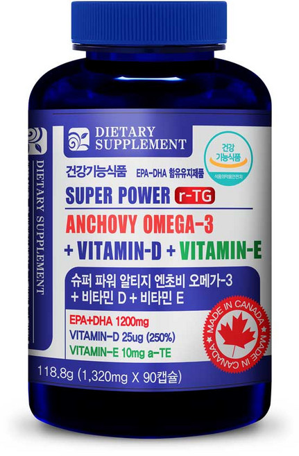 내츄럴365 캐나다 슈퍼파워 rTG 알티지 엔초비 오메가3 비타민D 비타민E (1병 3개월분), 90정, 1개