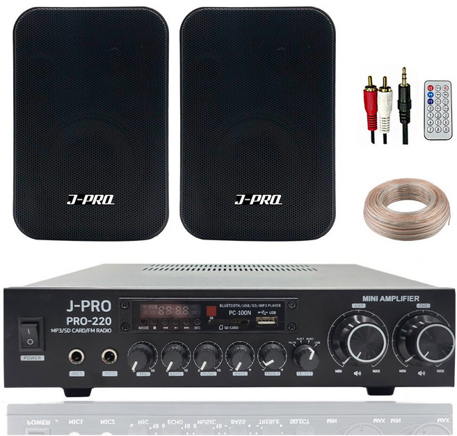 제이프로 220W 블루투스 매장용 카페 매장 업소용 벽걸이 미니 앰프 스피커 2개 세트+리모콘+PC선 1.5M+스피커케이블 20M, 블랙