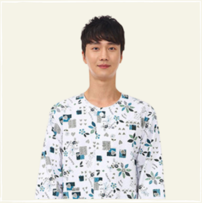 바이어스칼라환자복(꽃 사각무늬)_남 여, XL, 블루