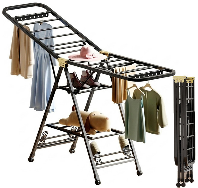 접이식 3단 빨래건조대 실내외 겸용 튼튼한 이동식 건조대, 블랙