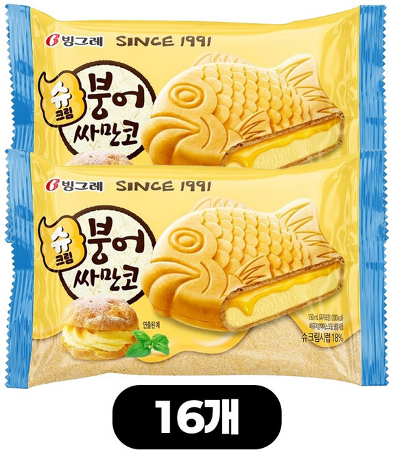 빙그레 샌드 아이스크림 슈크림 붕어 싸만코, 16개, 150ml