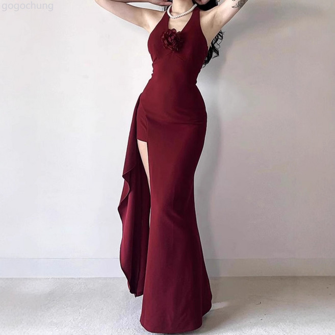 法式高級感掛脖禮服連衣裙 辣妹風開叉高腰顯瘦包臀長裙, 酒紅色,S建議【40.0-47.5kg】