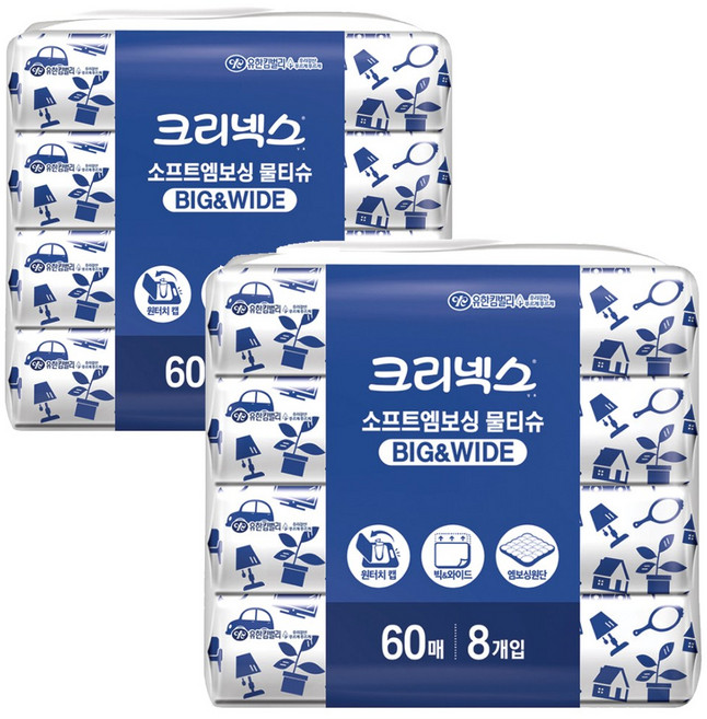 크리넥스 소프트 엠보싱 물티슈 캡형 60 매 x 8개 x 2 팩, 8매, 2세트