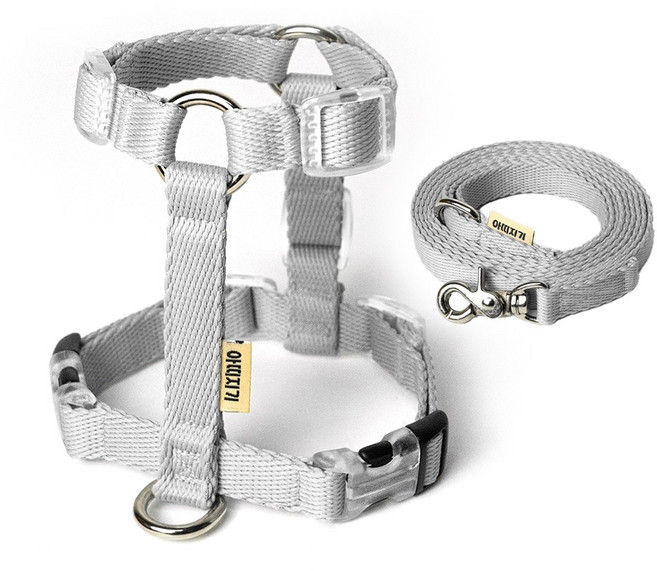 아띠지기 강아지 앞섬방지 H형 하네스 + 웨빙 리드줄 세트, 그레이, 1세트