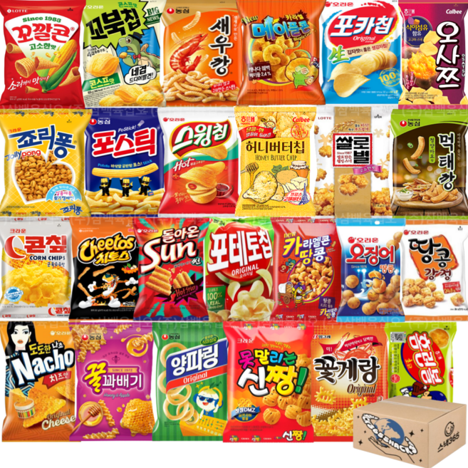 365 오리온 농심 해태 롯데 크라운 봉지과자 스낵 과자세트 25종, 1개