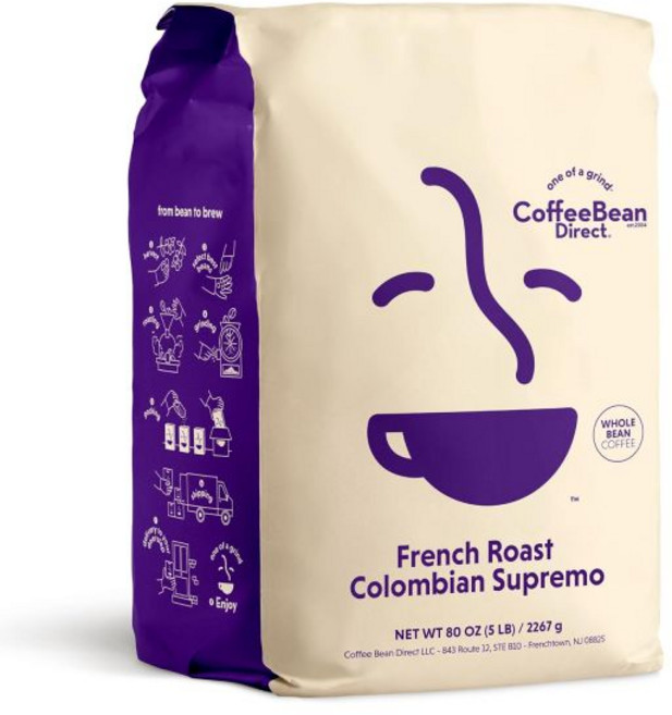 Coffee Bean Direct 브라질 커피 커피빈 다이렉트 다크 브라질리안 산토스 원두커피 로스트 5파운드 백1팩, 프렌치 로스트 콜롬비아 수프리모, 80 온스 (1개 팩), 2.27kg, 1개