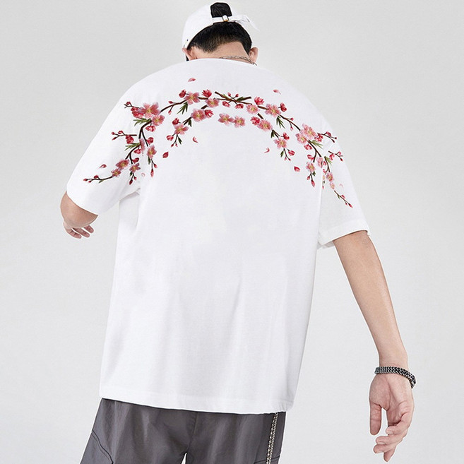 지디오 남성 자수 반팔티 벚꽃 반팔 티셔츠 면티 라운드넥 꽃무늬 자수 남자반팔티