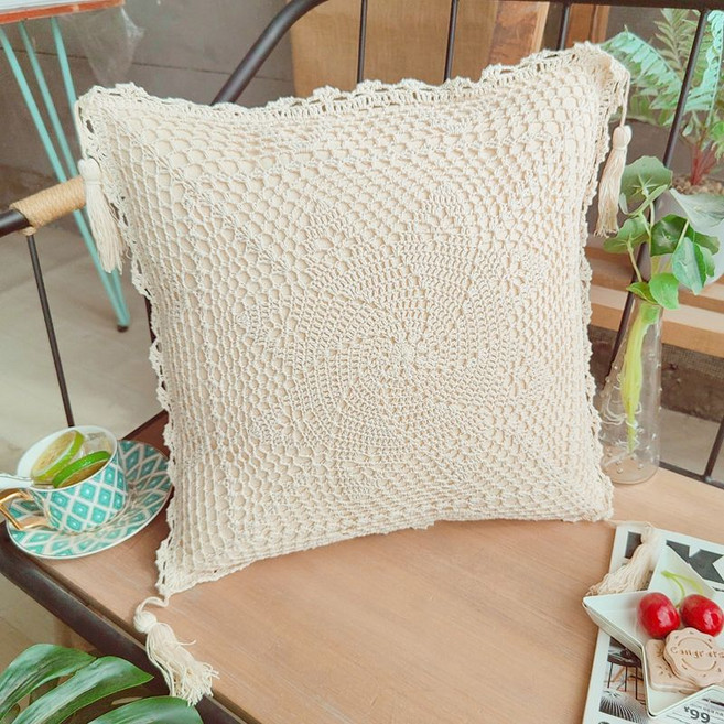 수제 크로쉐 니트 커버 쿠션 모티브 손뜨개 인테리어 R