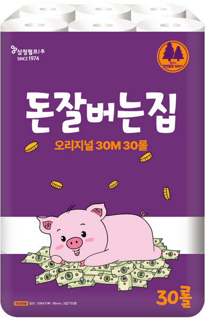 [삼정펄프] 돈잘버는집 오리지널 3겹 화장지 30롤 화장지/집들이선물/천연펄프, 30m, 1개