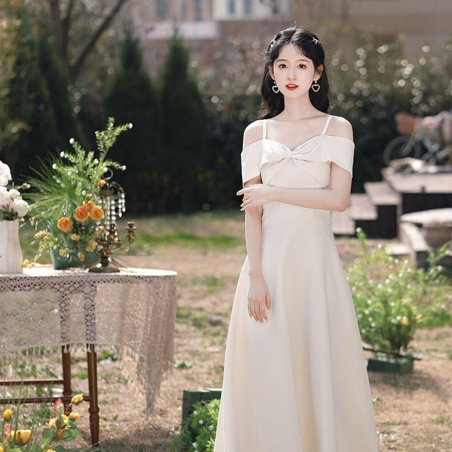 good 色緞面伴娘服女秋季顯瘦演出晚禮服裙, 755款-中長款 新品 ,M 建議49.0-54.0公斤, 755款-中長款