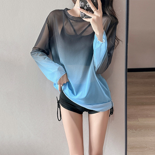 야오야오 그라데이션 하이웨스트 비키니 커버업 3피스 세트, 블루