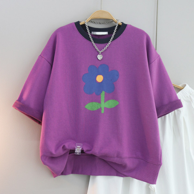 달콩 여성 한송이꽃프린팅칠부맨투맨 여름신상 반팔티