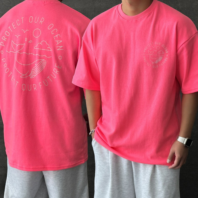 간빠레 형광HS 고래 프린팅 오버핏 반팔 티셔츠