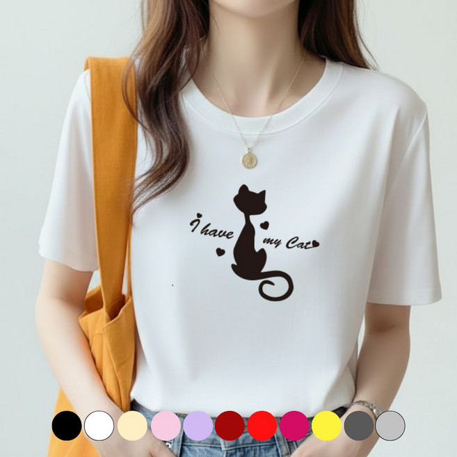 그리내 여성 라운드넥 여름 시원한 반팔티 러블리 캣 커플티 고양이 캐릭터 이너 홈웨어 프린팅 티셔츠