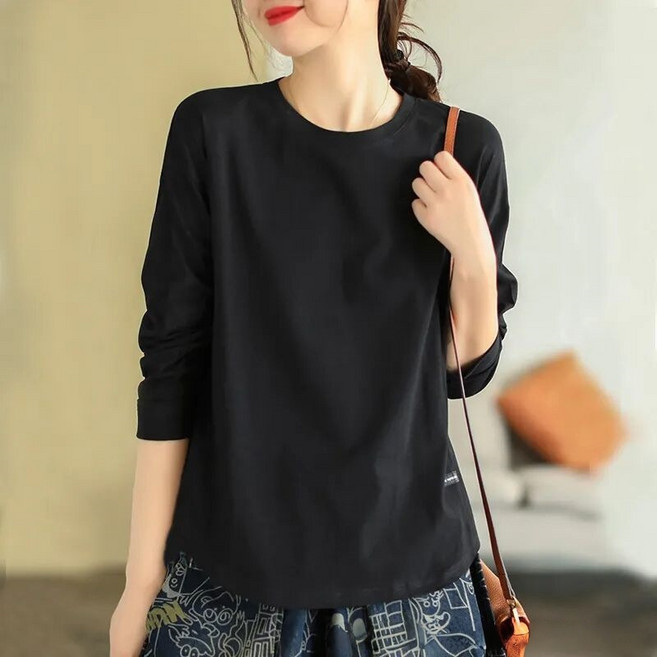 2026 봄 프리오더 여성 긴팔 티셔츠 루즈핏 라운드 면티 이너 무지티 기본티셔츠 문예 상의 빅사이즈