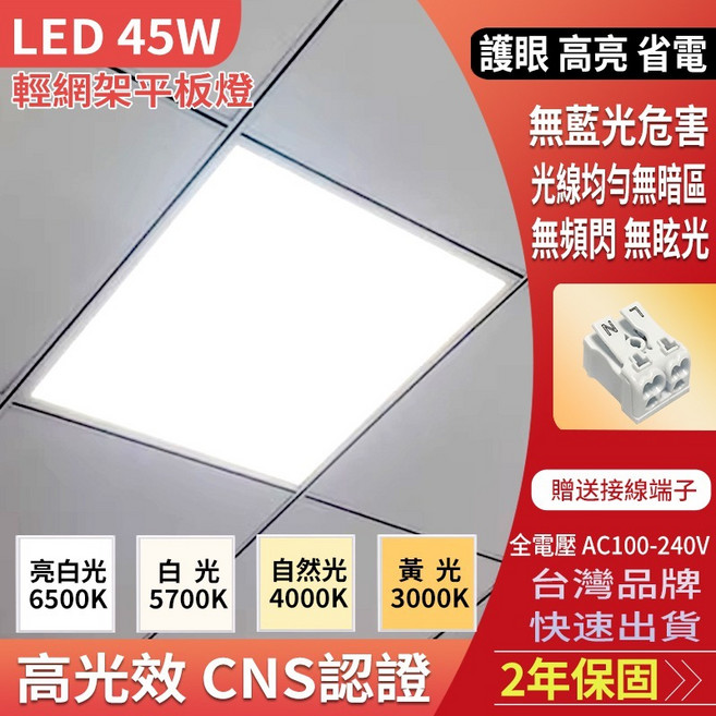 LED 45W 輕鋼架平板燈 60x60cm CNS認證 自然光/白光/黃光, 1個, 45W高亮護眼平板燈,4000K(自然光)