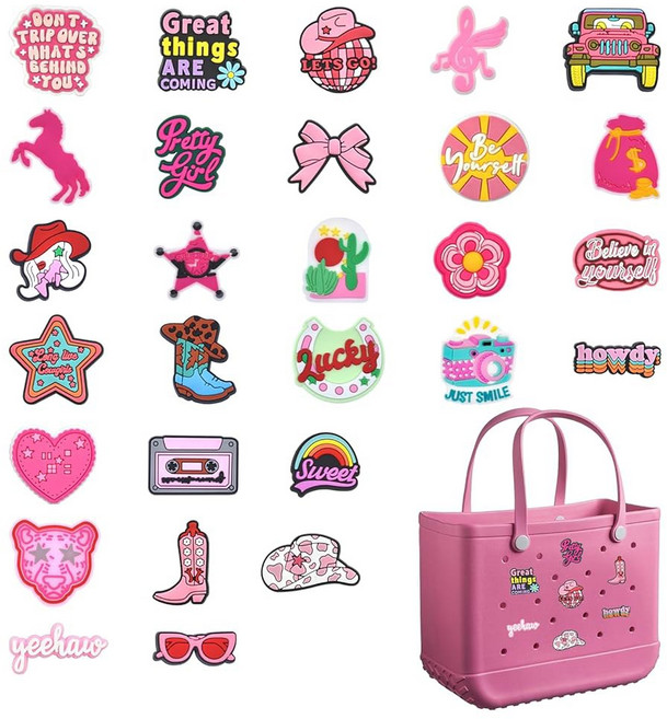 Bogg 가방 액세서리를 위한 LOOMI 매력 28팩 핑크 카우걸 PVC 고무 웨스턴 테마