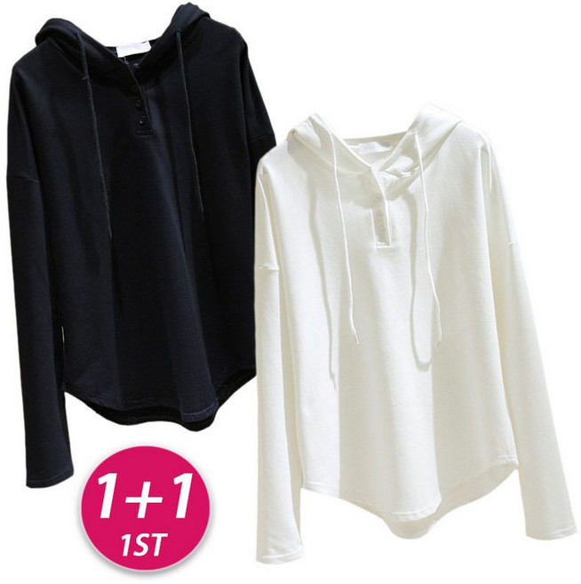1+1 여성 봄 가을 베이직 버튼 포인트 긴팔 후드 티 풀오버 무지 맨투맨 루즈핏 후디 캐주얼 데일리 간절기 스트랩 이너 후드 [2장 묶음]