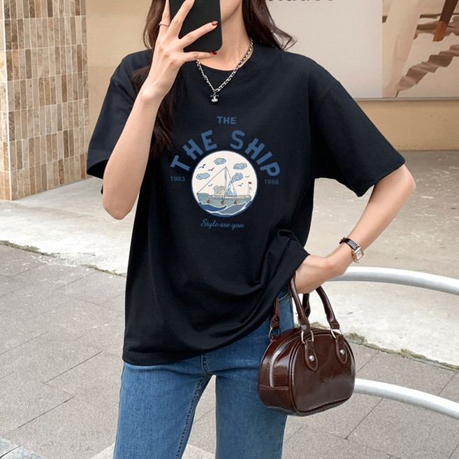 스타일아유 빈티지 그래픽 프린트 데일리 캐주얼 티셔츠 빅사이즈 레이어드 여성 롱티 면100% TS2735