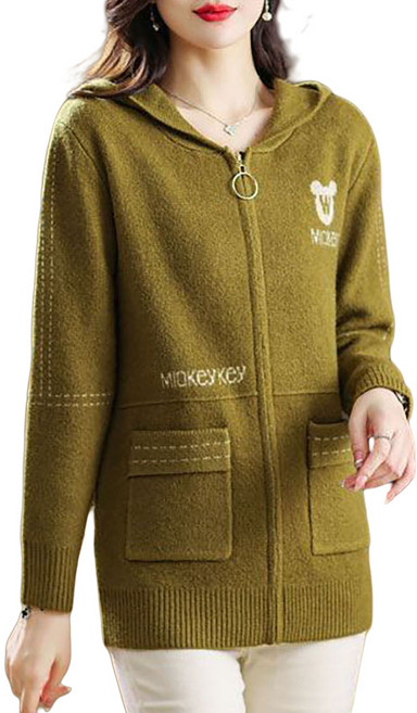 ROYALBELLE 여성용 빅사이즈 후드 니트 가디건 지퍼 여유로운 긴소매 외투 V111373