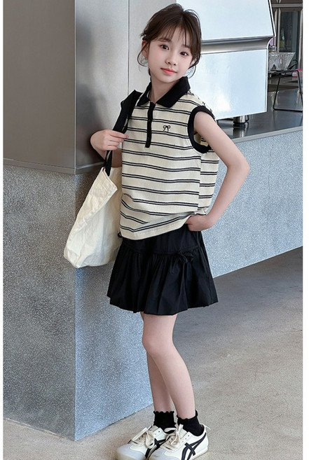 여아 주니어 스트라이프 티셔츠 블랙 스커트 세트 줄가라티+블랙스컷