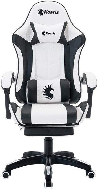 Koaris 게이밍의자 인체공학 의자 135도 리클라이닝 접이식 발받침 360도 회전 높이조절 게임용 사무용 의자, 블랙+화이트