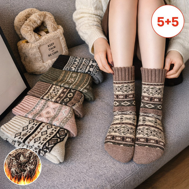 5+5 모니즈 에스닉 눈꽃패턴 기모양말 남녀공용 양말세트 (총 10켤레)