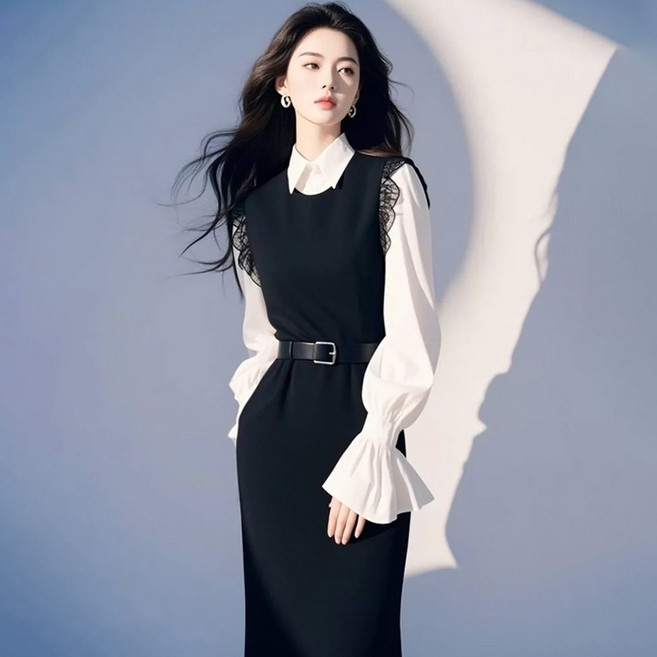 AOKADA 여성 봄 가을 슬림핏 결혼식 하객룩 오피스룩 블라우스 민소매 롱 원피스 투피스 세트