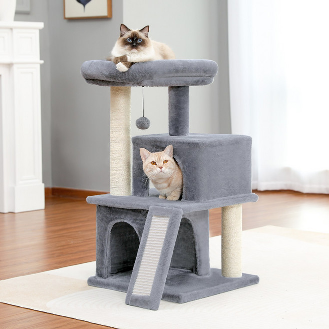 PAWZ Road 3단 다색심플 패브릭 고양이 소형 캣타워 더블 숨숨집+탑 라운지 + 사다리, 1개, 라이트 그레이