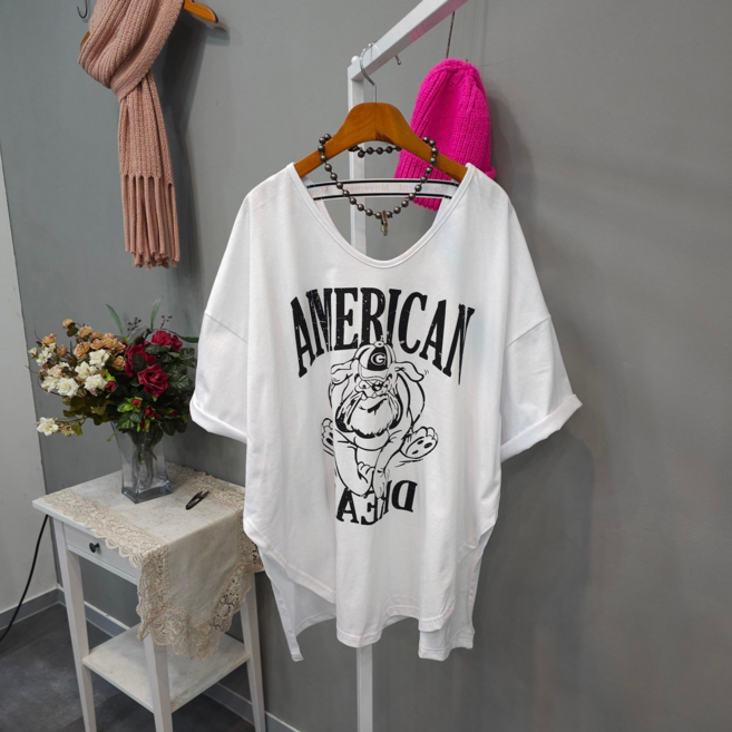 여성용 U넥 브이넥 오버핏 면100% 아메리칸 드림 프린팅 트임 반팔 티셔츠