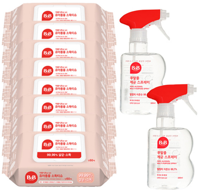 비앤비 자몽식초를담은 유아용품 소독티슈 60매 *8개+ 비앤비 제균스프레이 용기 *2개