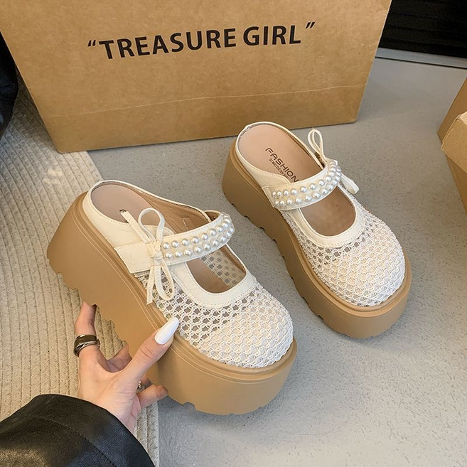 Ashysnow 통굽슬리퍼 여성 여름 통기성 7cm 로마 웨지힐 가보시샌들 송편화