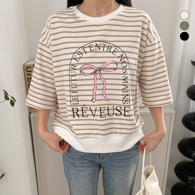 디테일웨어 여성 레베즈 단가라 반팔 맨투맨 리본 프린팅 루즈핏 7부소매 빅사이즈 스트라이프 임산부 티셔츠 캐주얼룩