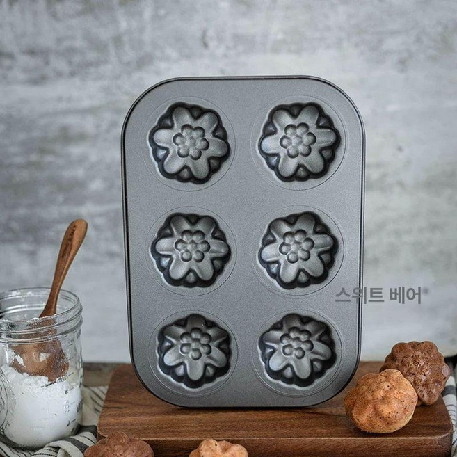타원형 꽃모양 샌드위치틀 6구 마들렌 틀 티그레 케이크 베이킹 트레이 쿠키틀, 1개, 6구 플라워 베이킹 팬 - No. 2