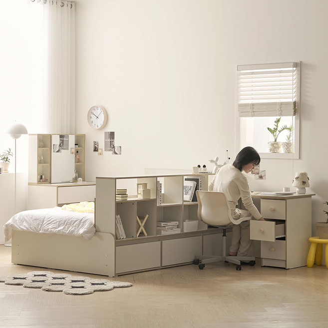 올인원 파티션 서랍수납침대 시리즈 3TYPE + 매트리스 2Colors 1500/1200/책상제외 서랍3칸 파티션겸책장 침대+책상+책장 세트 슈퍼싱글 원룸침대 벙커수납, 크림화이트+1200책상 포함+매트리스 미포함