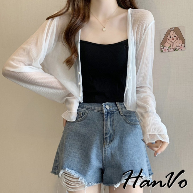 HanVo 冰晶透感珍珠扣長袖薄外套 甜美防曬短版罩衫 韓系女裝, 白色